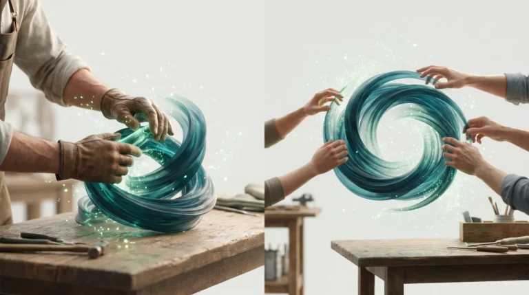 Deux structures lumineuses faconnees cote a cote, l'une par une seule paire de mains et l'autre par plusieurs, symbole du choix entre freelance ou agence web