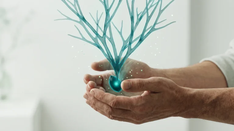Une petite graine de lumière tenue avec soin dans des mains, avec une structure plus grande projetée en transparence au-dessus, symbole du prix d'un site internet qui grandit avec l'investissement