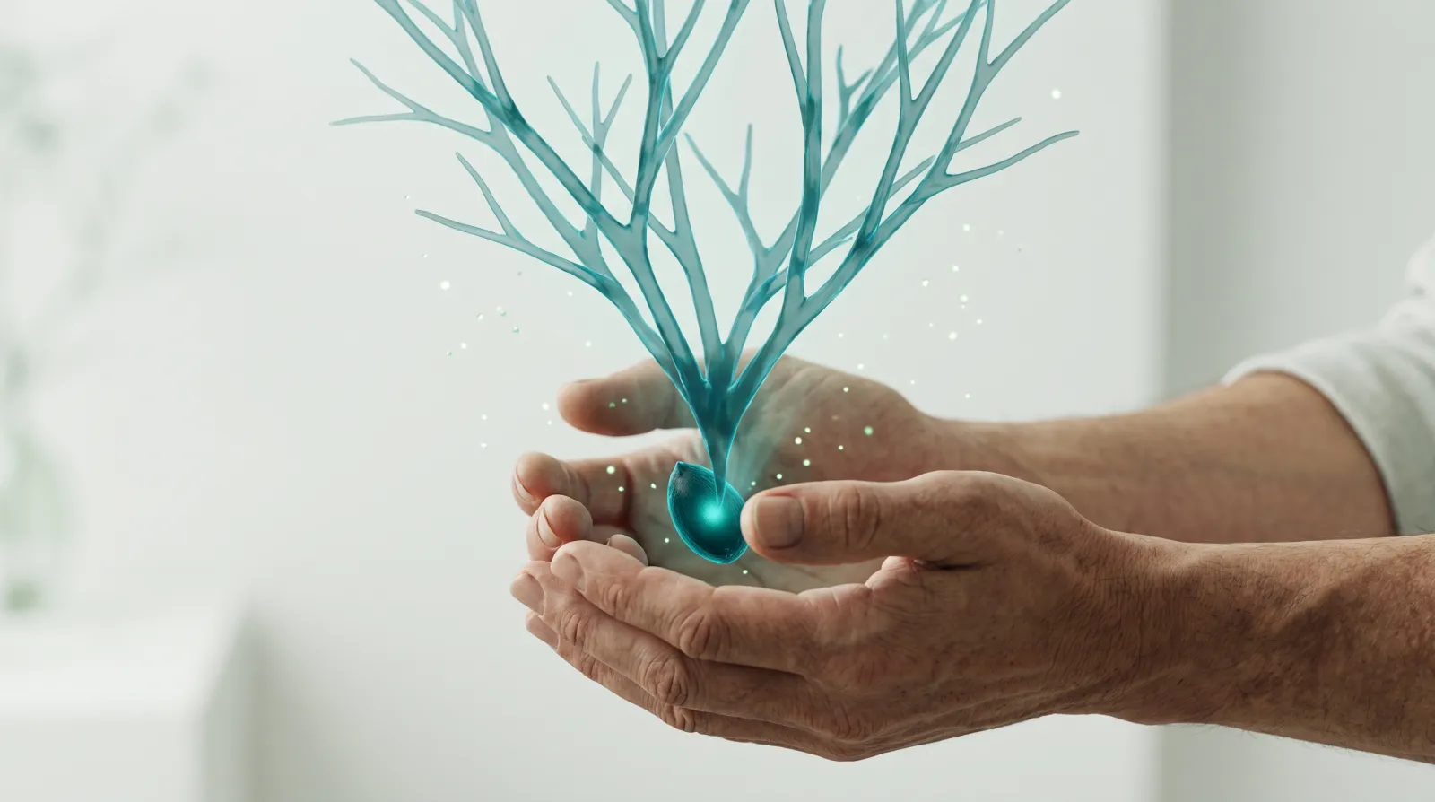 Une petite graine de lumière tenue avec soin dans des mains, avec une structure plus grande projetée en transparence au-dessus, symbole du prix d'un site internet qui grandit avec l'investissement