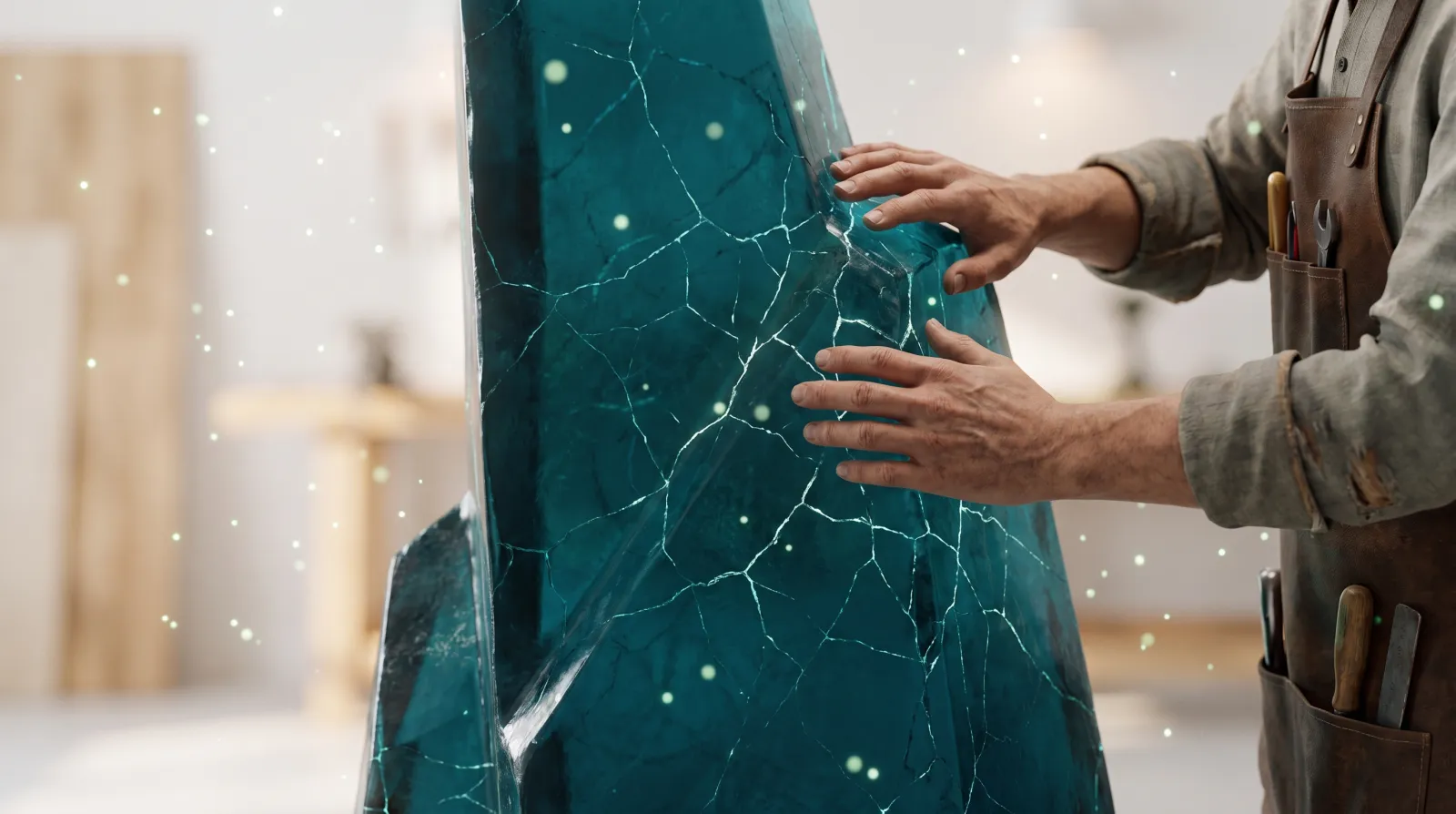Une structure de lumiere bleu marine autrefois eclatante, ternie de facon inegale, de fines fissures apparaissant a sa surface, une main l'examine avec attention, symbole des signes d'usure qui annoncent qu'une refonte de site internet devient necessaire