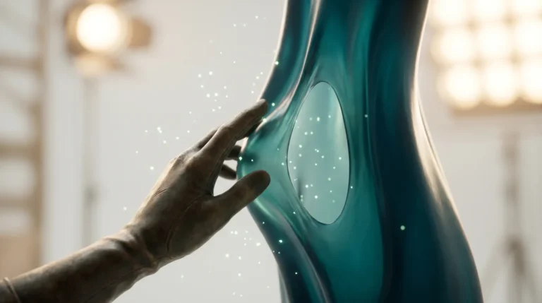 Une structure de lumiere bleu marine qui semble solide et polie de loin, symbole des sites pas chers qui semblent fiables mais s'effondrent sous la moindre pression, une main testant sa surface revele qu'elle est en realite fine et creuse