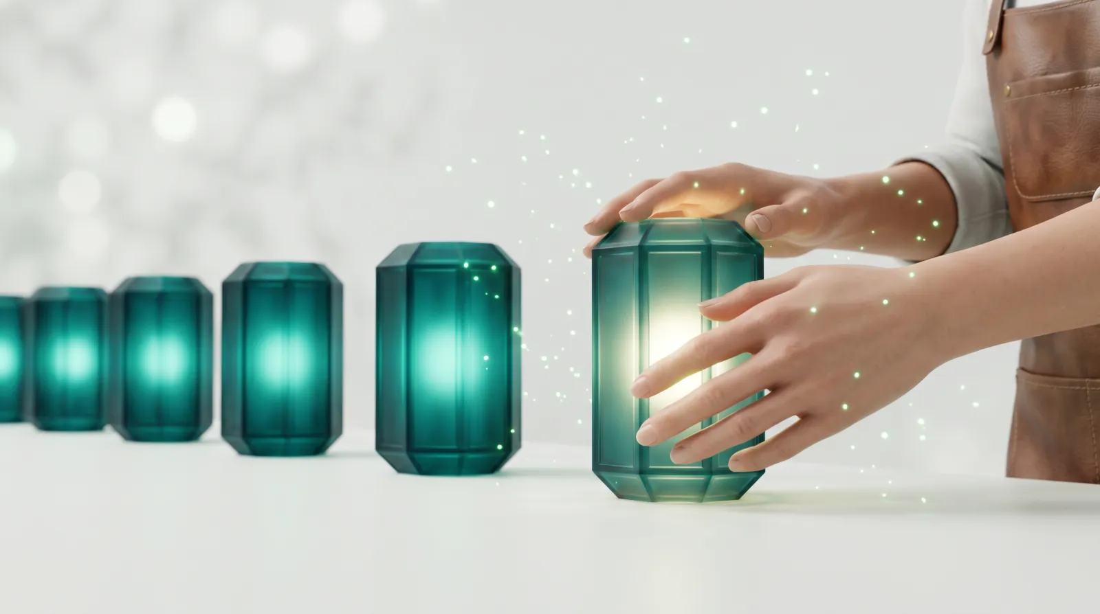 Une rangée de petites structures lumineuses passées en revue une à une par des mains attentives, symbole des erreurs projet web à corriger avant qu'elles ne s'accumulent