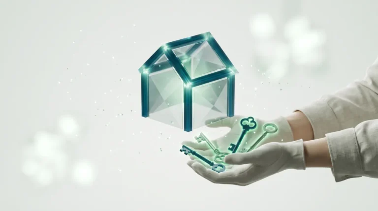 Une main rassemble quatre petites clés lumineuses distinctes autour d'une structure semblable à une maison, symbole de qui est propriétaire du site internet : code, design, contenu et domaine.