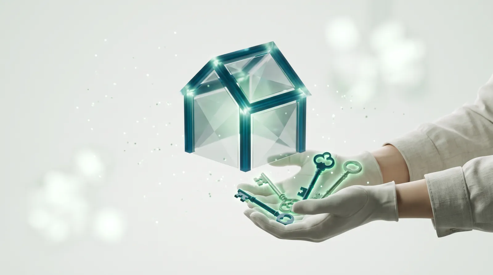 Une main rassemble quatre petites clés lumineuses distinctes autour d'une structure semblable à une maison, symbole de qui est propriétaire du site internet : code, design, contenu et domaine.