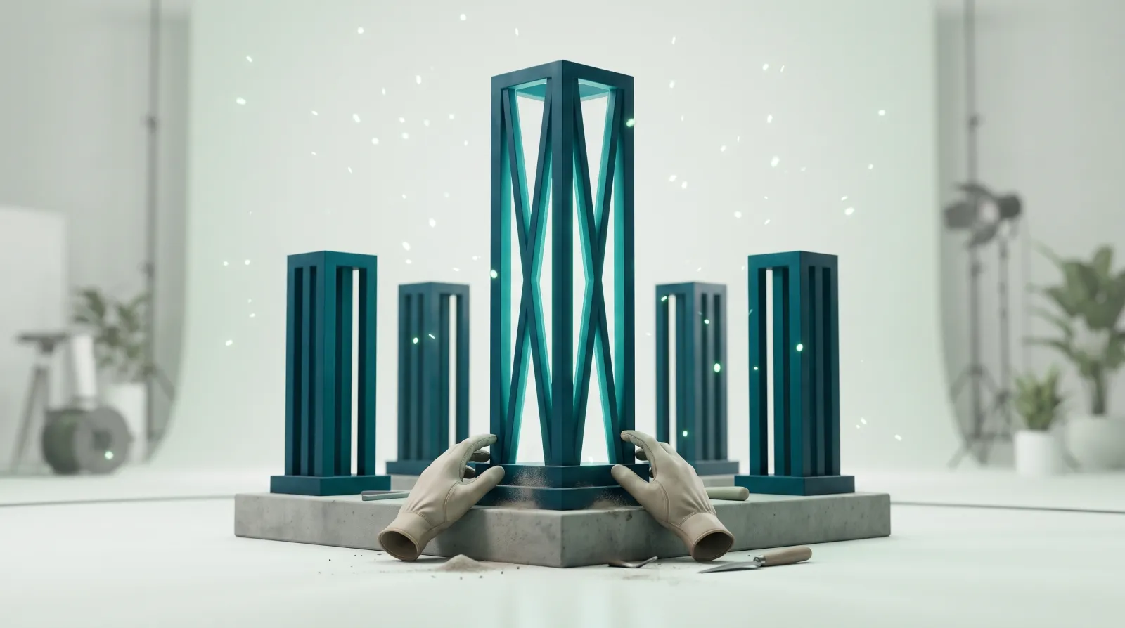 Une structure de lumière bleu marine se dresse fermement au centre, entourée de plusieurs autres structures tout aussi solides partageant la même fondation robuste, une main posée sur sa base pour en tester la solidité — symbole de la fiabilité de WordPress en entreprise, comme les grandes marques qui partagent la même fondation.