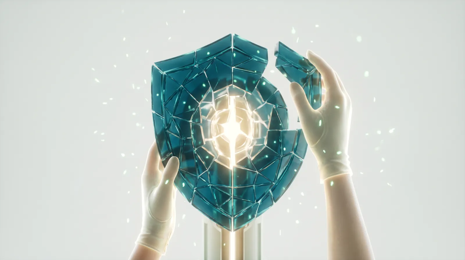 Un bouclier de protection se construit pièce par pièce autour d'un noyau lumineux, des mains assemblant le dernier segment, symbole d'un WordPress sécurisé pour une entreprise grâce à 15 mesures appliquées une à une.