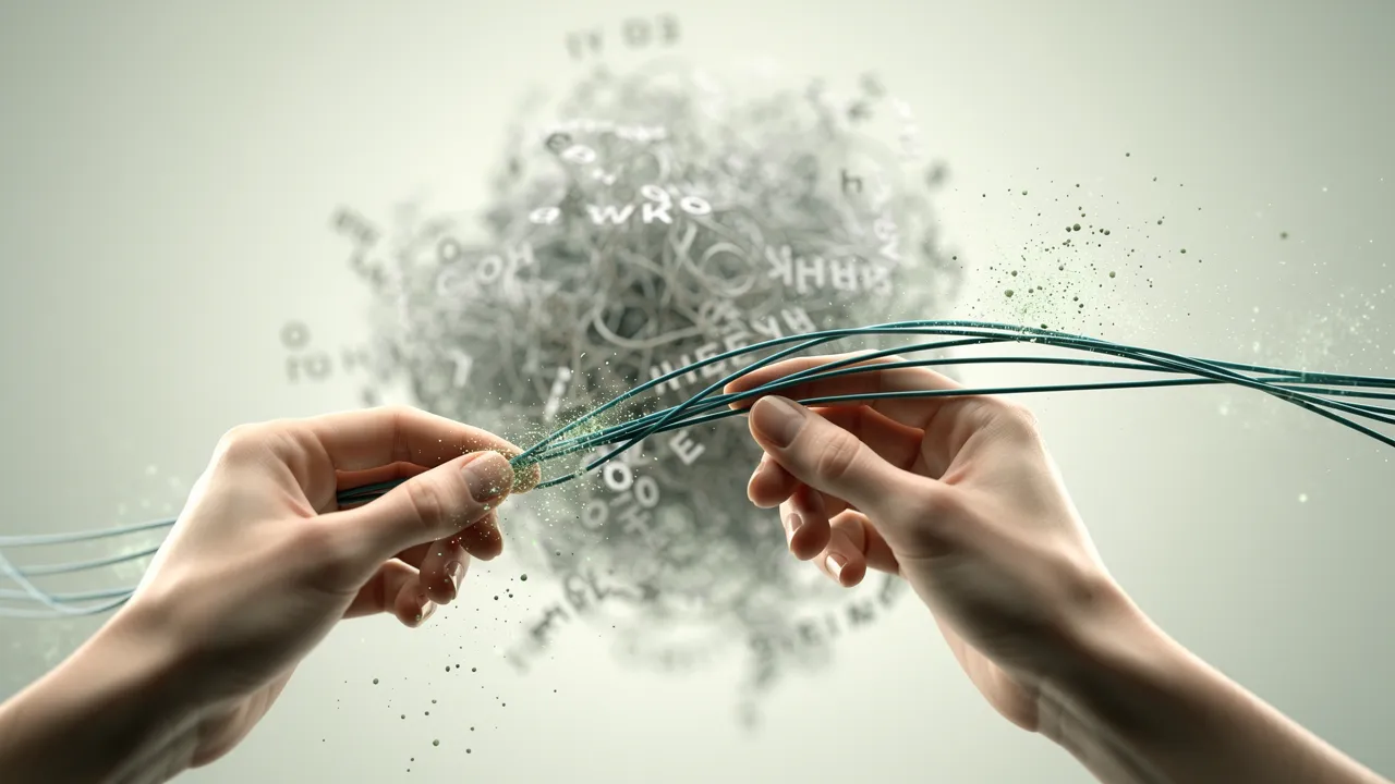Dictionnaire du webmaster : illustration de mains démêlant un nuage de symboles techniques qui se transforment en lignes lumineuses claires