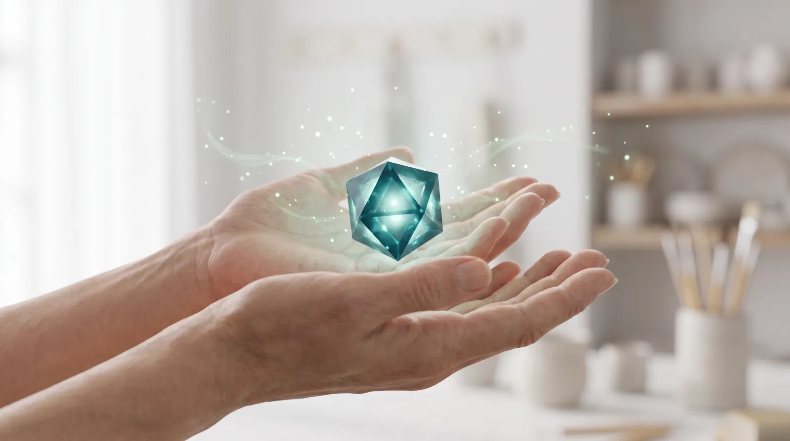 Des mains tiennent une petite structure lumineuse dans leurs paumes ouvertes et l'offrent délicatement, symbole d'une recommandation honnête