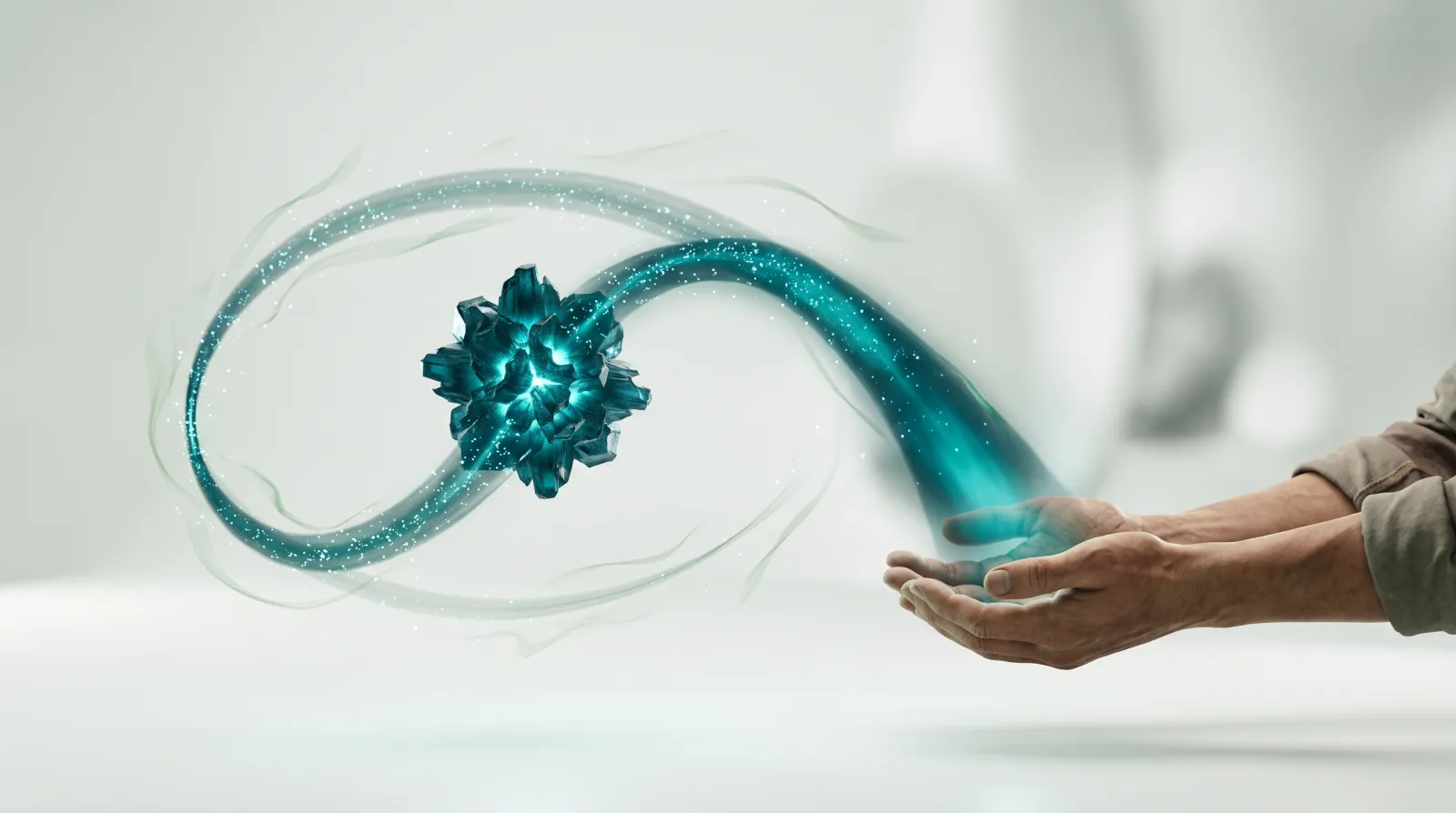 Une structure lumineuse emettant un flux de lumiere qui boucle et revient plus riche qu'au depart, symbole du retour sur investissement d'un site internet