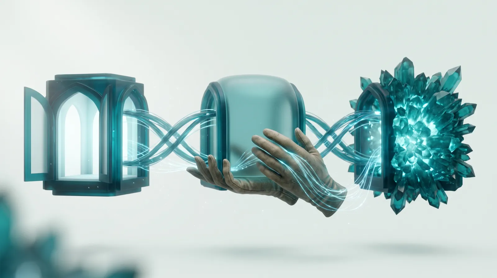 Schéma artistique de l'architecture d'un CMS : trois espaces de lumière reliés entre eux