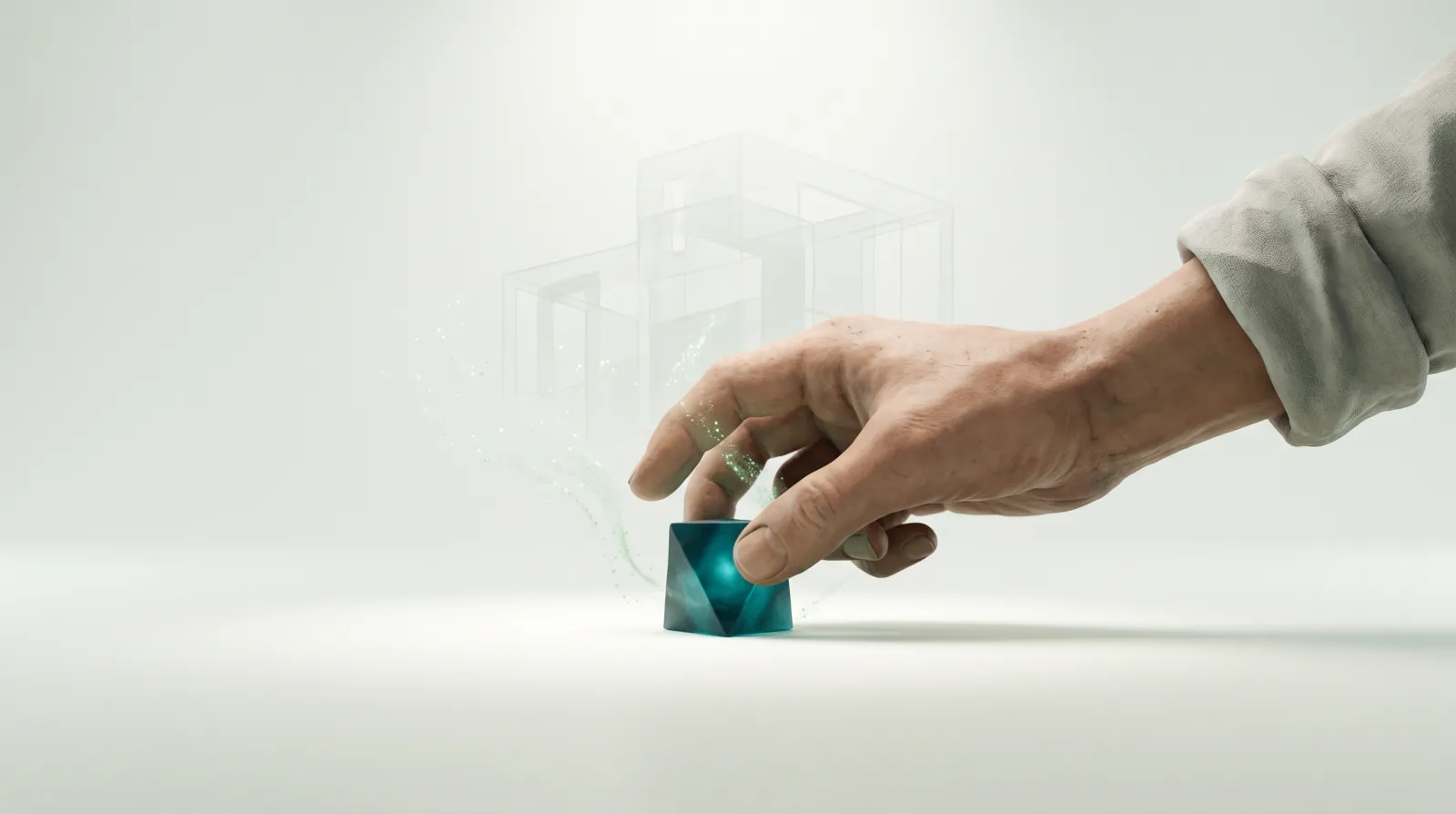 Illustration d'une main posant la première pièce lumineuse d'une structure encore vide, symbolisant les premiers pas d'un projet WordPress