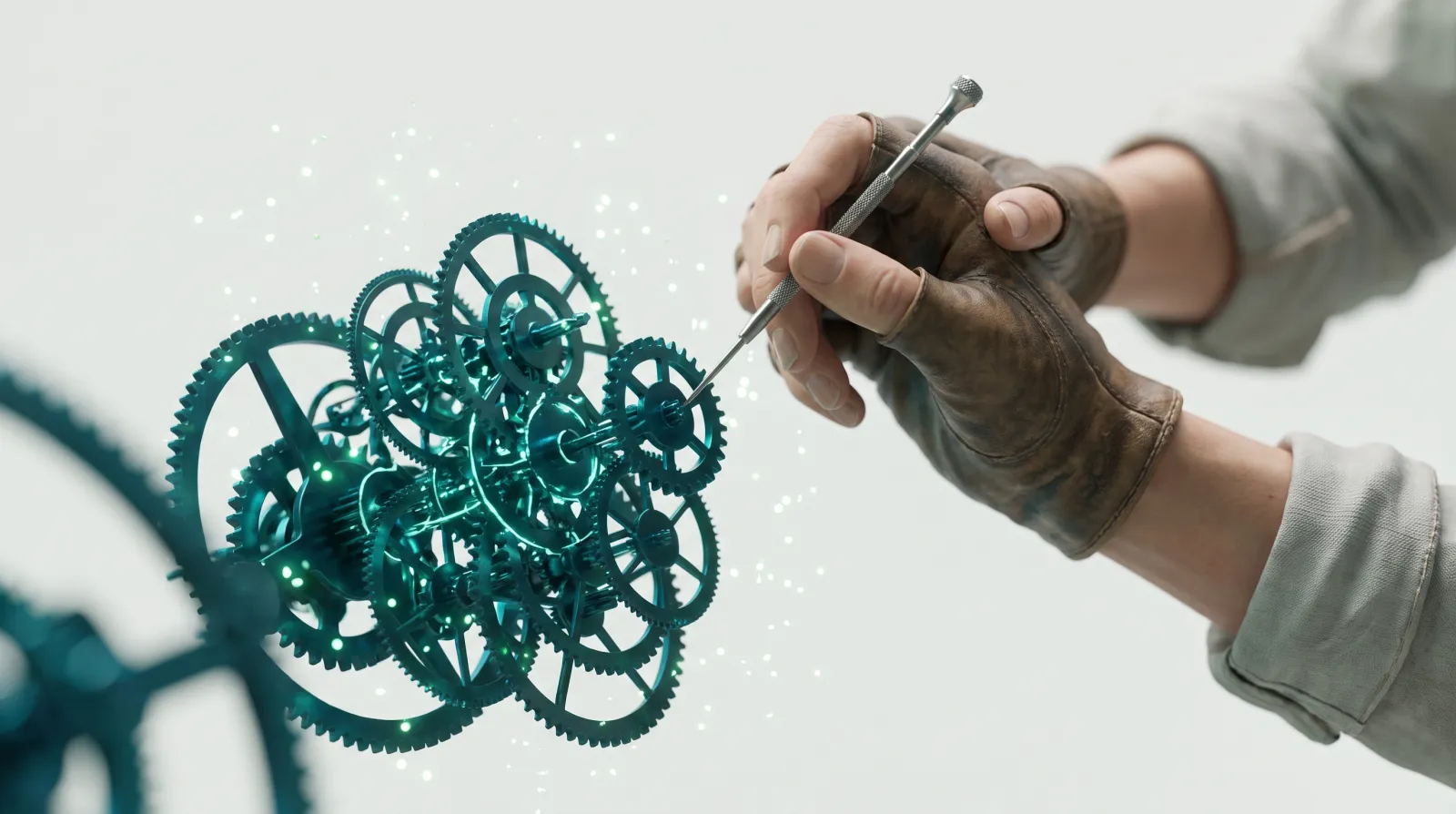 Horlogerie vivante symbolisant la maintenance de site web WordPress, engrenages entretenus avec soin