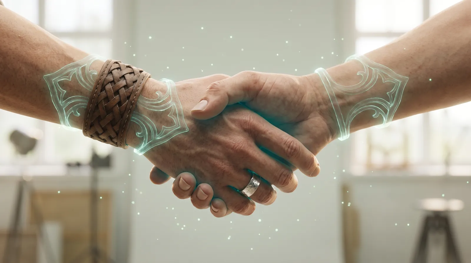 Deux mains se rejoignent dans une poignee de main lumineuse, symbole de confiance pour choisir son prestataire web