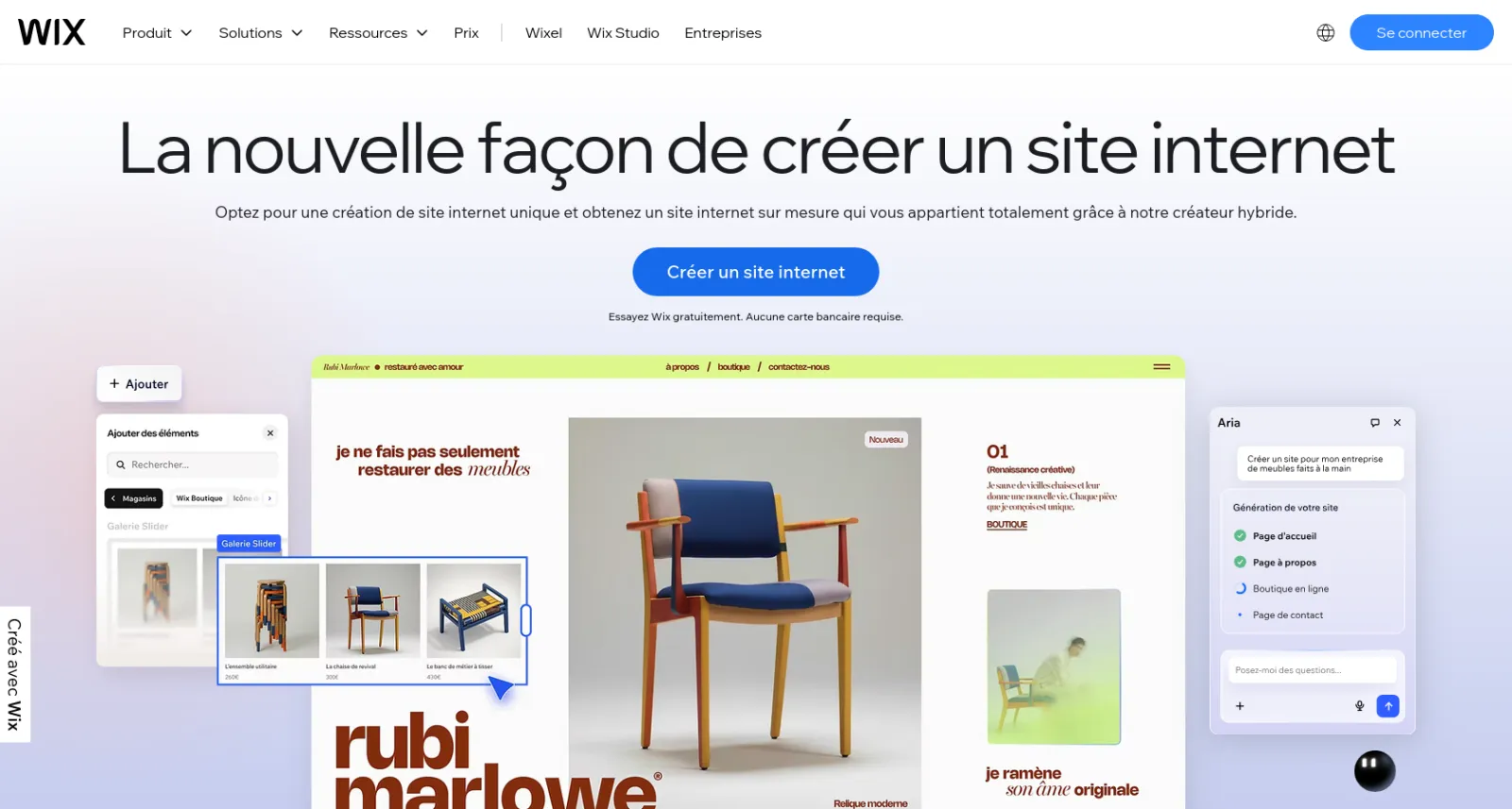 Interface Wix, éditeur glisser-déposer