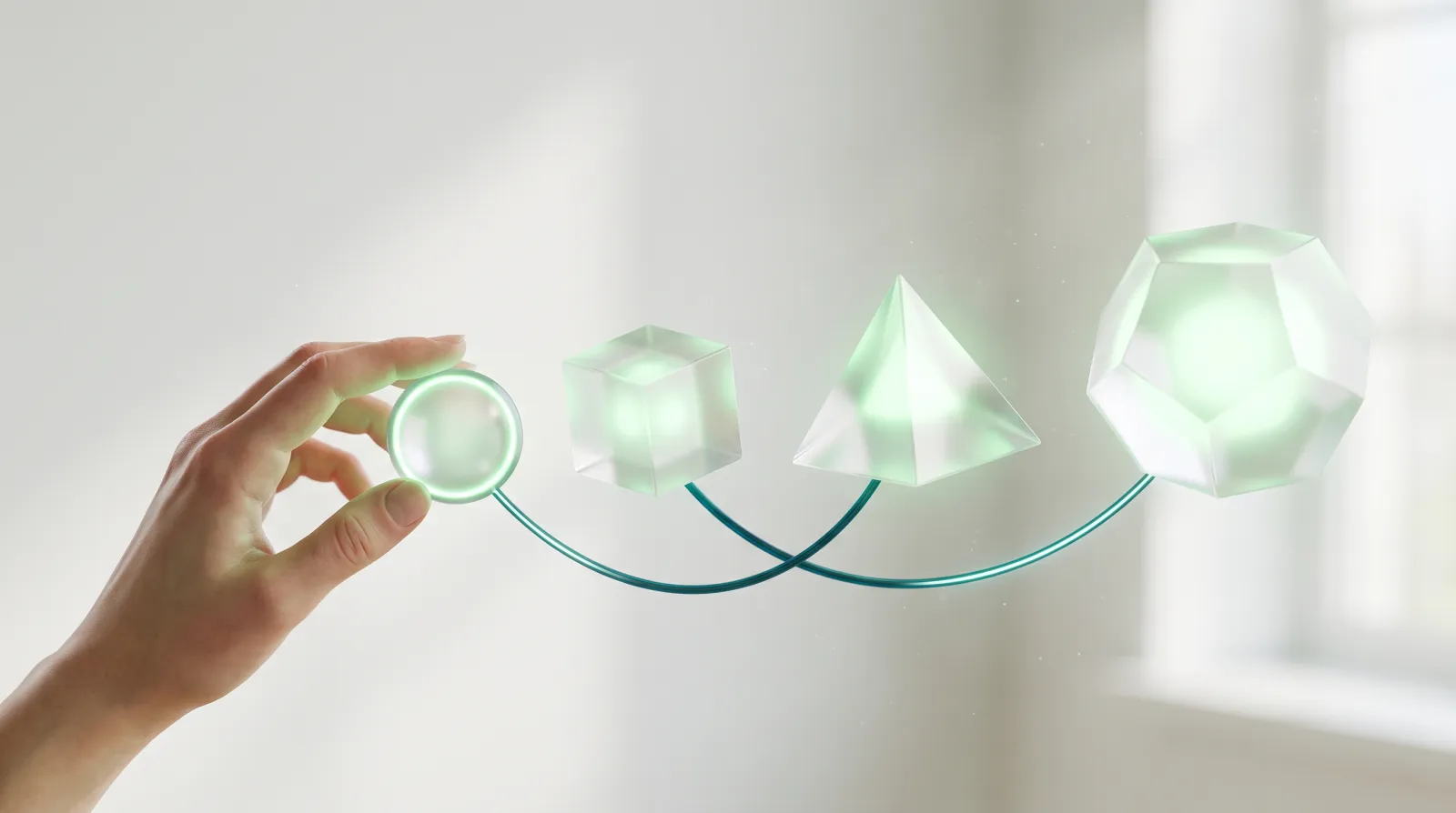 Quatre structures lumineuses alignées comme les étapes d'un contrôle, illustration des quatre vérifications à faire pour savoir si votre site est touché par une faille WordPress