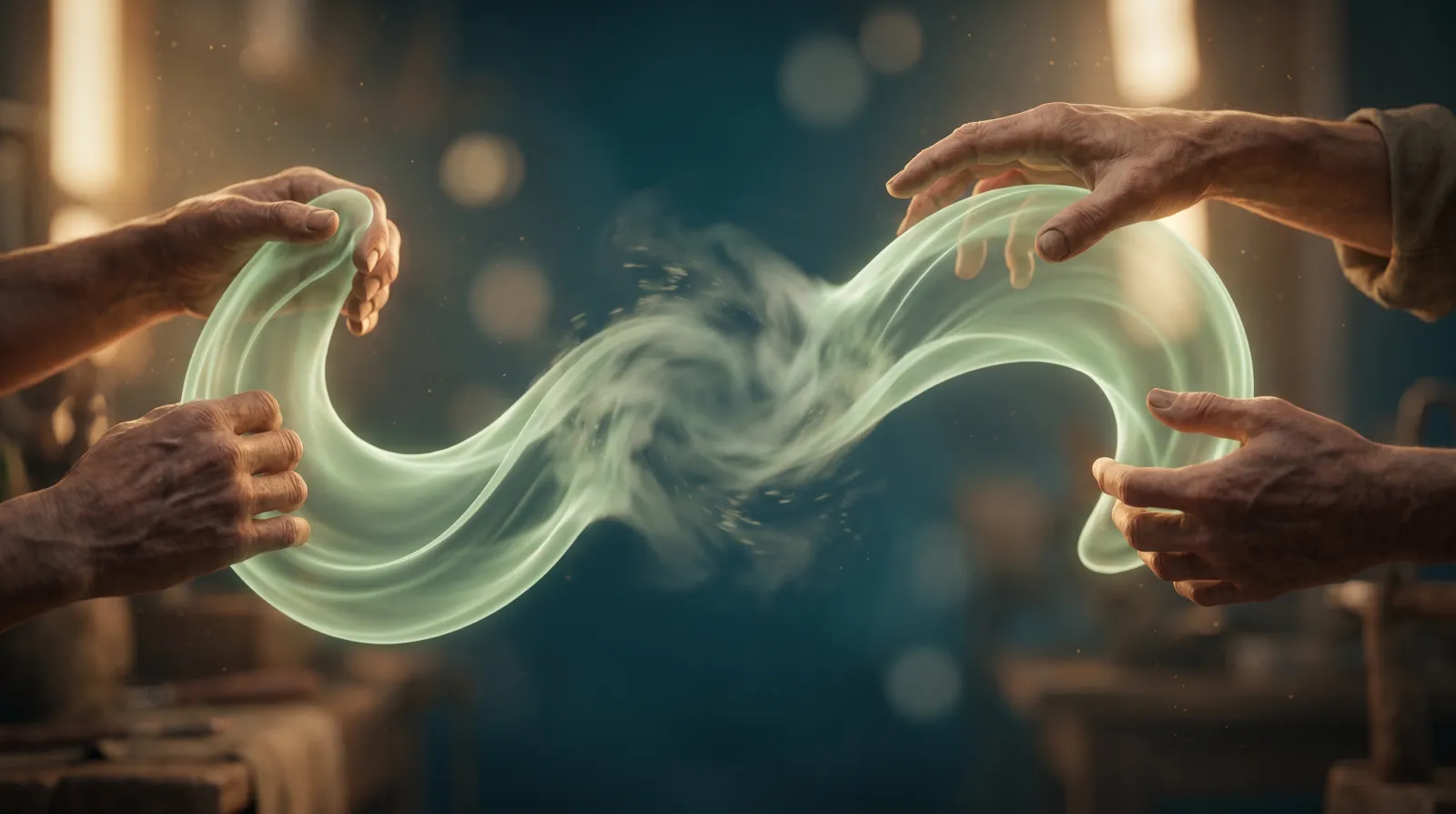Une meme structure en lumiere verte sauge faconnee simultanement par deux mains qui la tirent chacune dans une direction differente, son contour se brouille au point de tension, symbole du malentendu quand le cahier des charges manque de precision