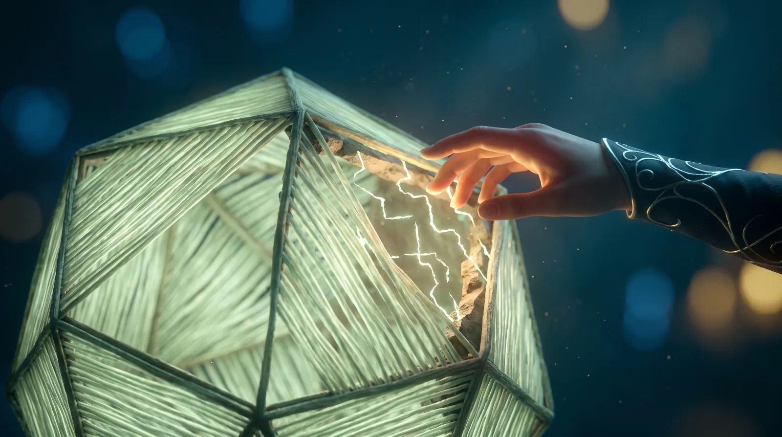 Une structure lumineuse qui paraît complète de l'extérieur mais révèle une section inachevée et instable, qu'une main découvre au toucher, symbole des erreurs techniques invisibles en projet web