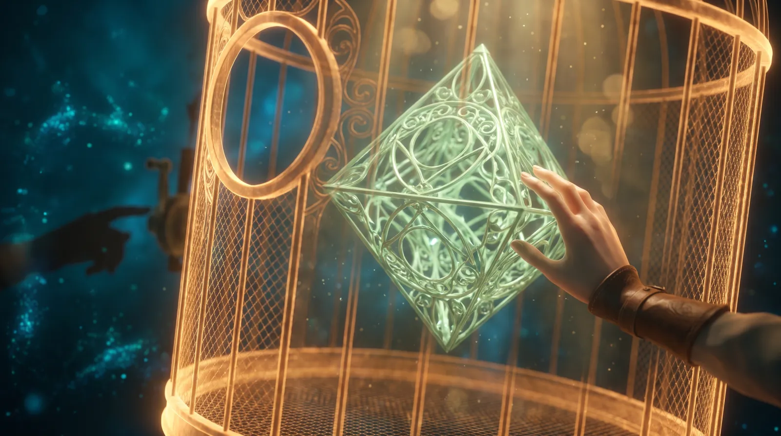 Une main tend vers une structure enfermée dans une cage de lumière dont l'ouverture est contrôlée de l'extérieur, symbole de la rétention de site par un prestataire qui garde le contrôle du nom de domaine.