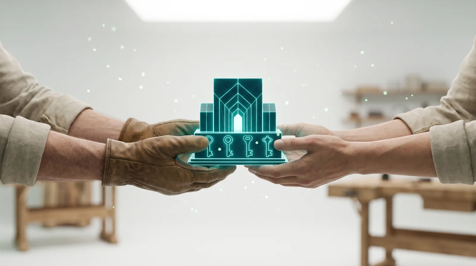 Une structure achevée aux quatre clés déjà fixées et lumineuses, remise intégralement d'une paire de mains à une autre, symbole de la cession complète des droits sur le site internet au client.