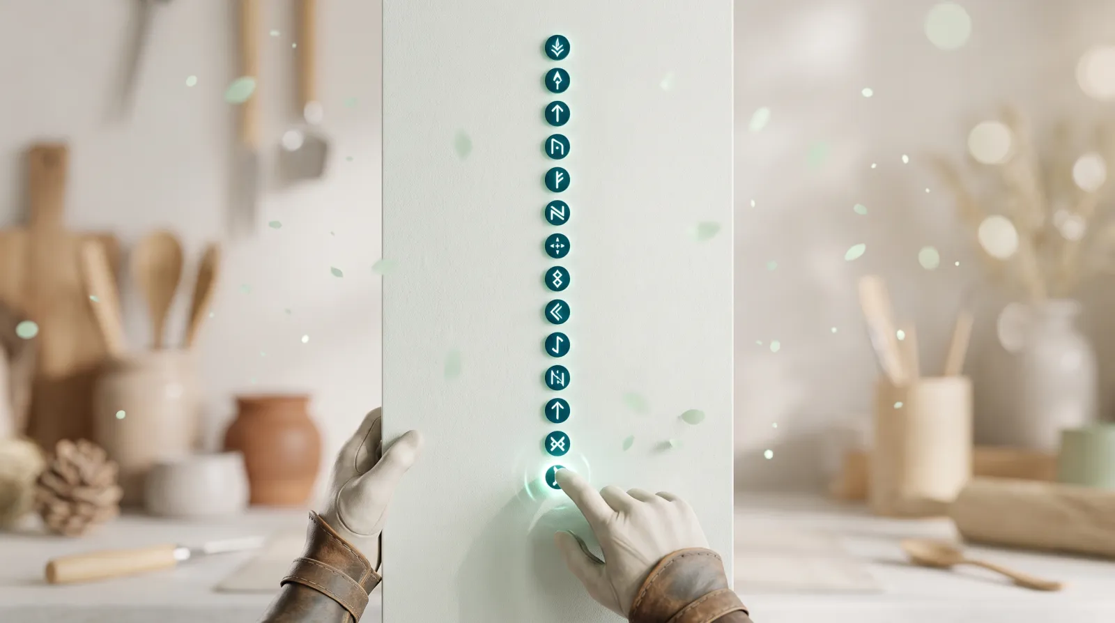 Quinze petites marques lumineuses alignées en colonne verticale, chacune brillant de façon stable pour signaler qu'elle est accomplie, des mains confirmant la dernière — symbole des 15 mesures de sécurité WordPress à appliquer.