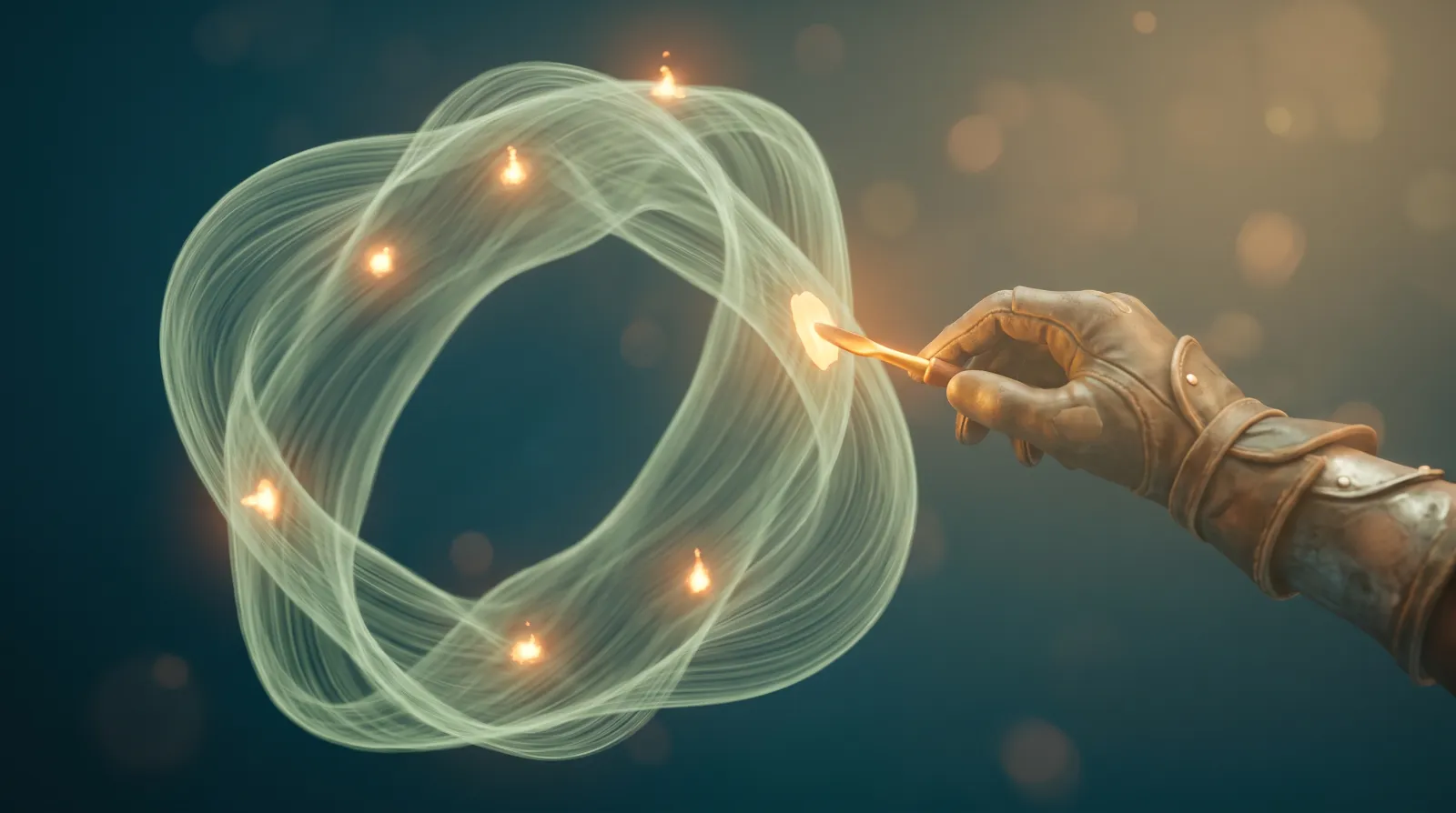 Une structure de lumière sage green présente cinq points faibles scintillant de façon désynchronisée sur sa surface, une main en identifie et en scelle un — symbole des cinq failles de sécurité les plus courantes sur un site WordPress.