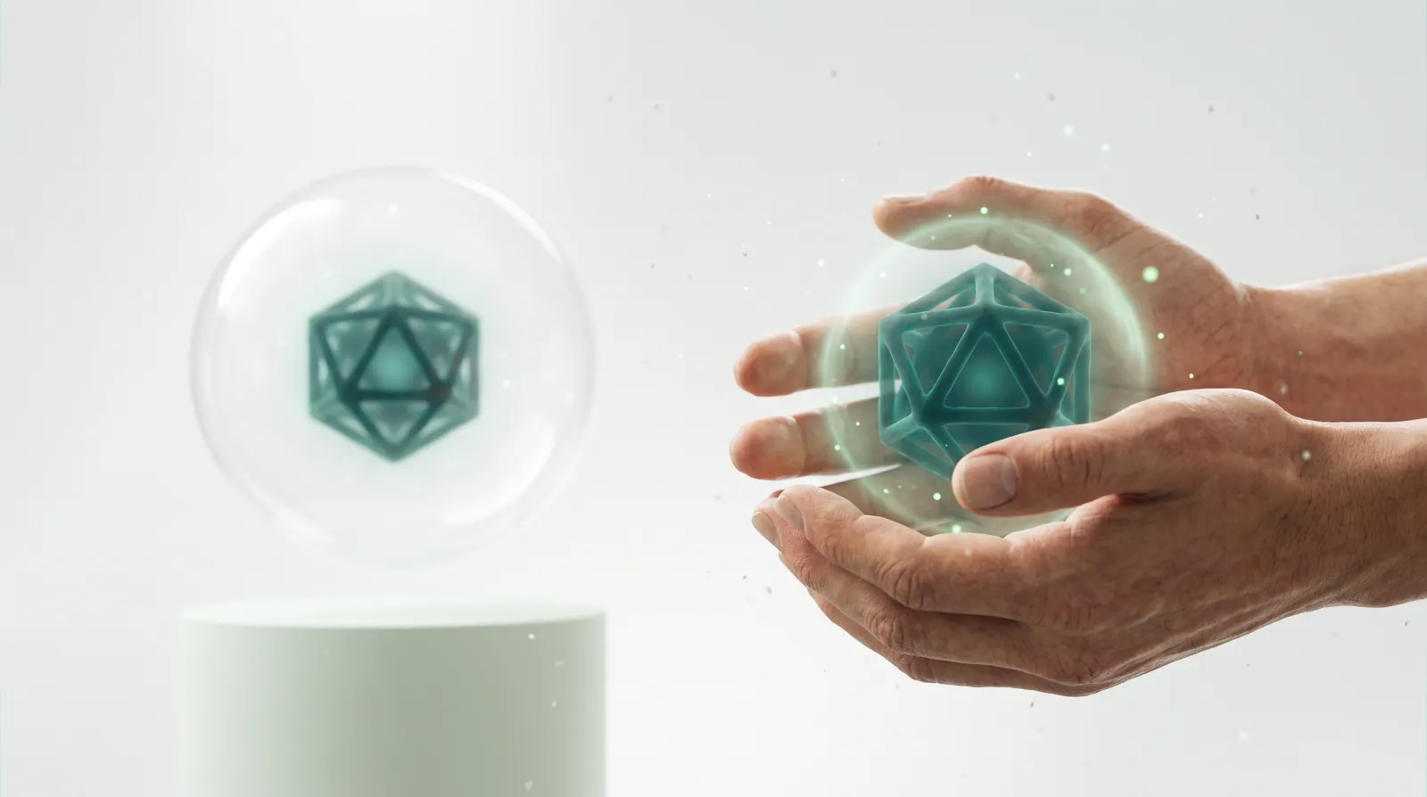 Une structure lumineuse possède un double identique conservé à l'abri dans un espace séparé, des mains le tenant en sécurité — symbole des sauvegardes externalisées, le filet de sécurité ultime d'un site WordPress.